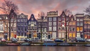Canal houses on the Brouwersgracht in Amsterdam in vintage tonin