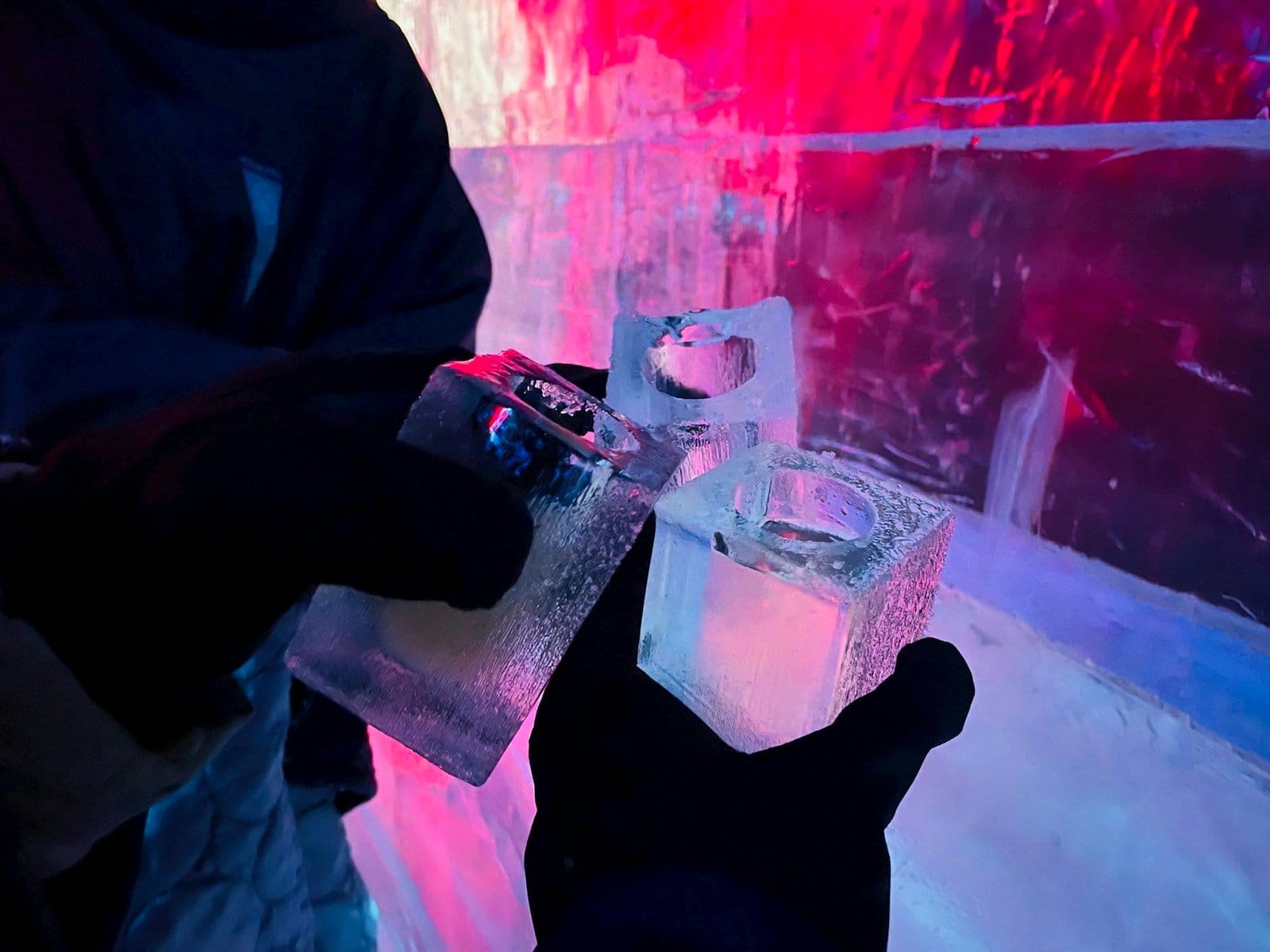 Close up of drink in glass made of ice in ice bar in Stockholm Sweden