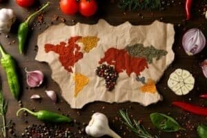 Map of world made from different kinds of spices