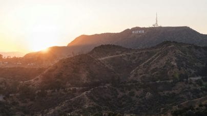 Hollywood Sign during the sunset on Mount Lee, in the Hollywood Hills, Los Angeles, California