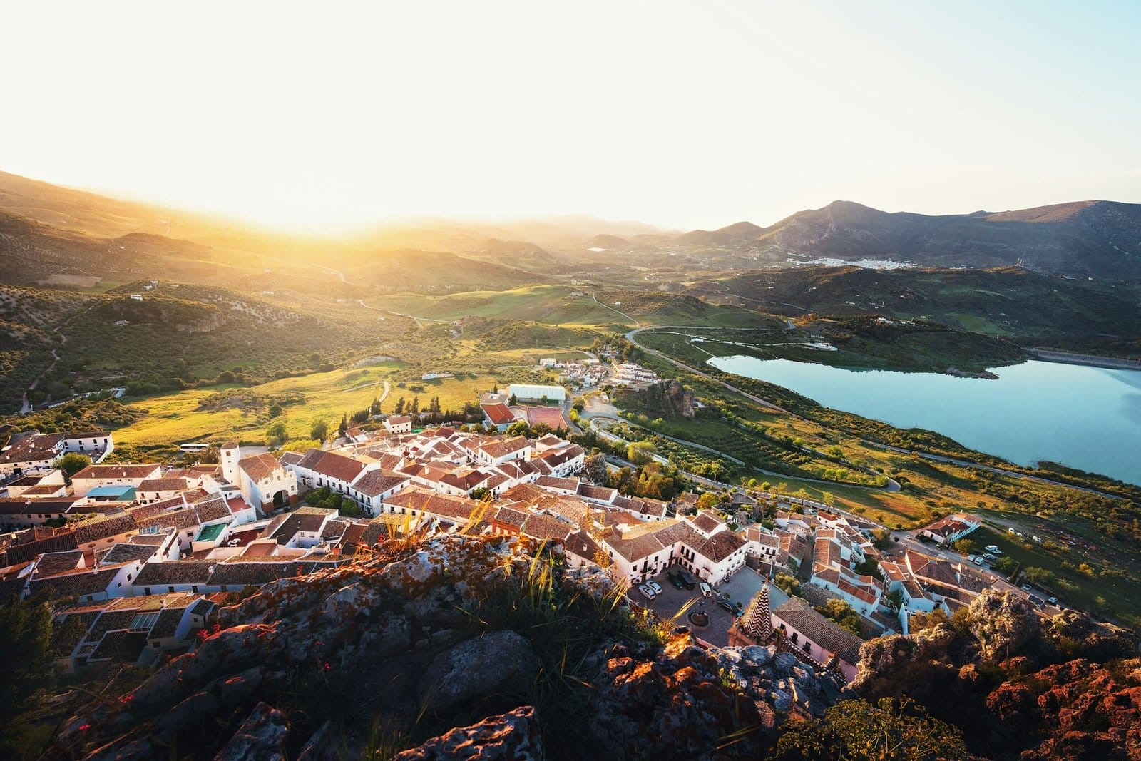 Aerial view of Zahara de la Sierra city at sunset - Zahara de la Sierra, Andalusia, Spain