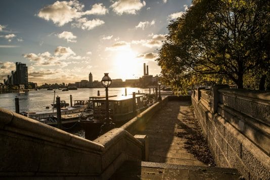 River Thames at sunset, Chelsea Embankment, London River Thames at sunset, Chelsea Embankment, London