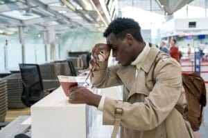 Black man upset about the cancellation flight, missed the plane, standing at check-in counter