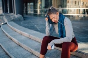 Tired female athlete wiping sweat after intense outdoor workout session