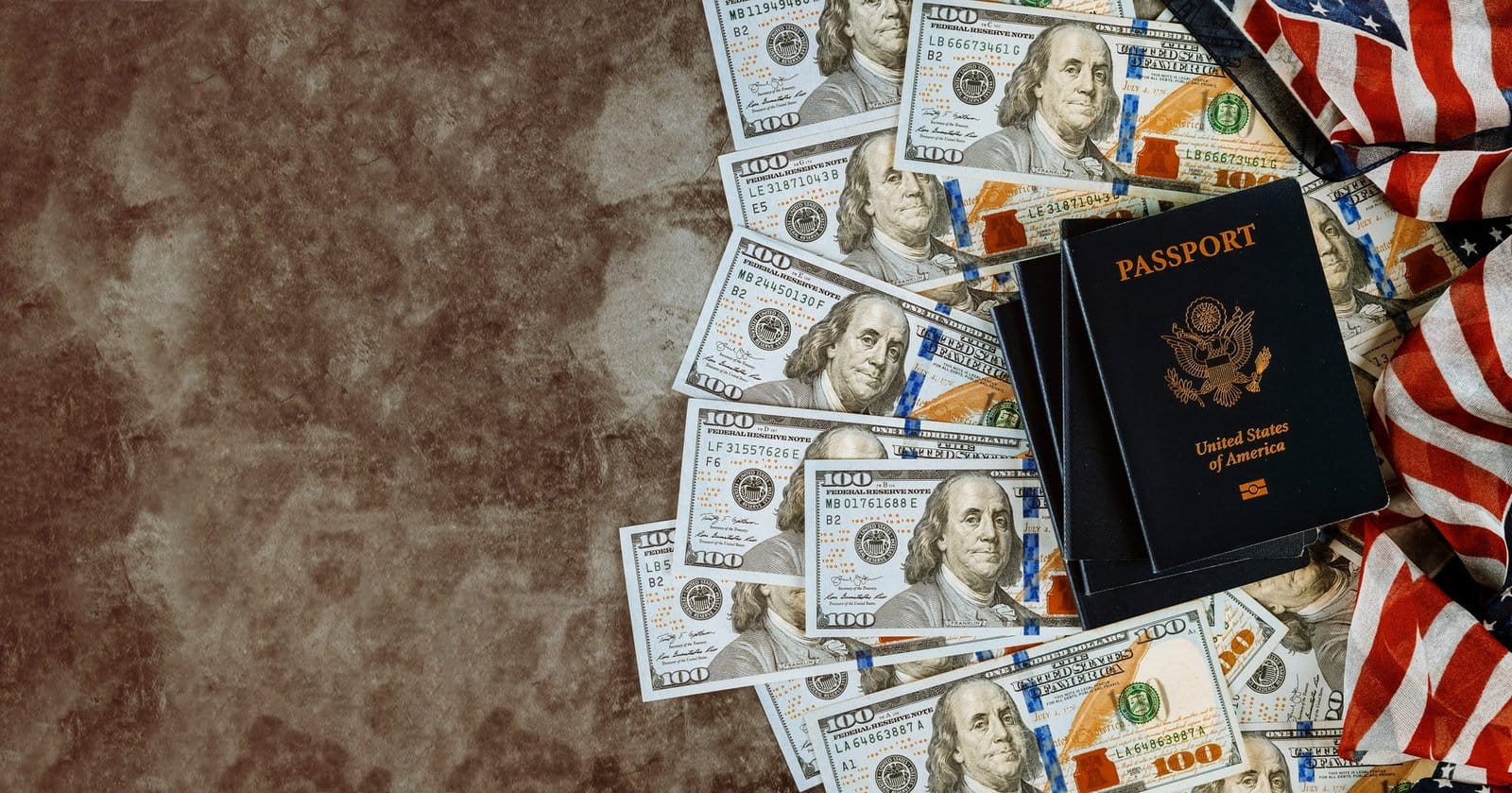 American passport, United State, flags and US dollars