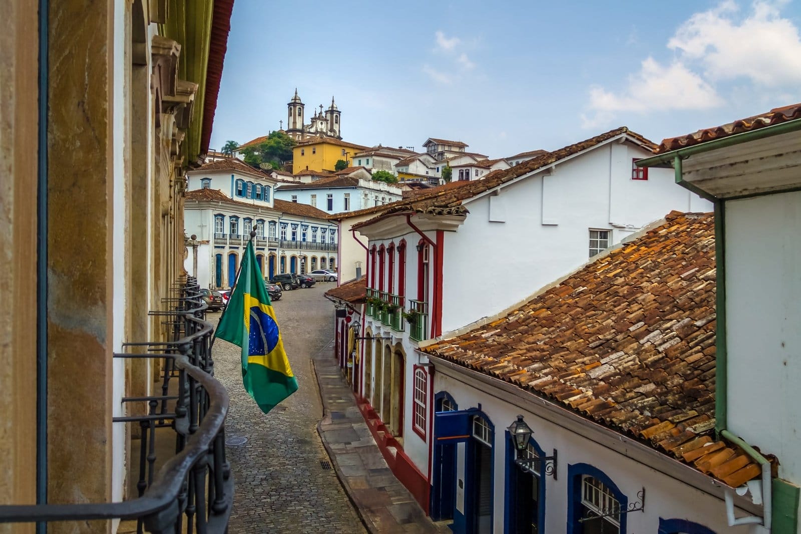Street in Ouro Preto City with Brazilian Flag - Ouro Preto, Minas Gerais, Brazil