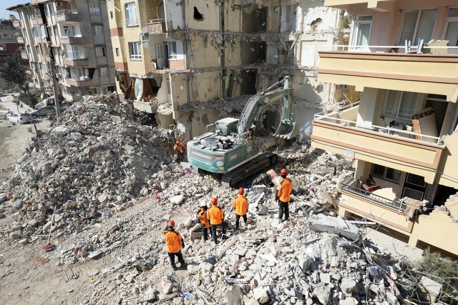 Turkey earthquake aerial view. Aerial view of collapsed buildings in Hatay