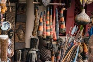 Variety of African souvenirs exposed for sale in local market
