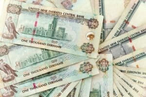 UAE dirhams, banknotes of one thousand dirhams, close up top view