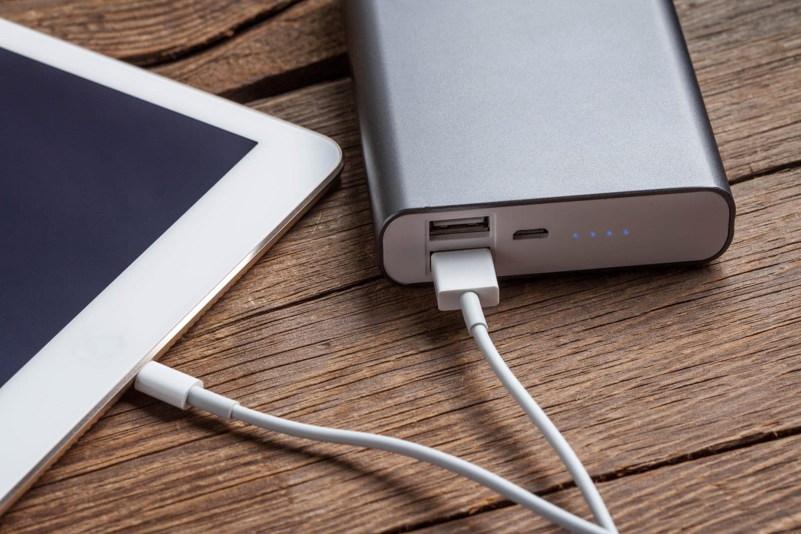 Smartphone charging with power bank.